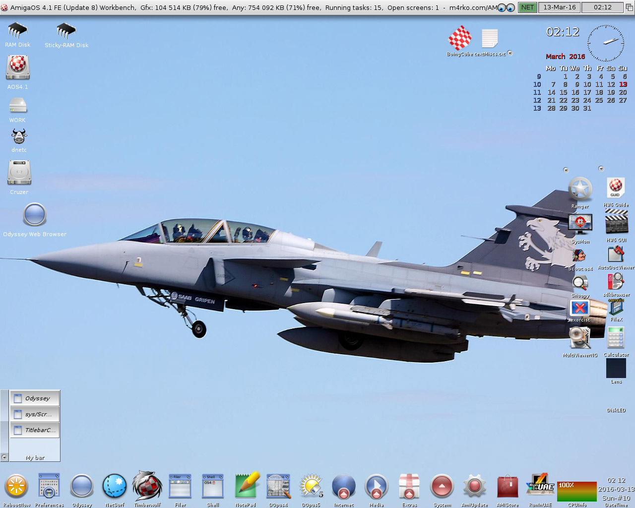 AmigaOS 4.1 FE Workbench with JAS 39 Gripen backdrop